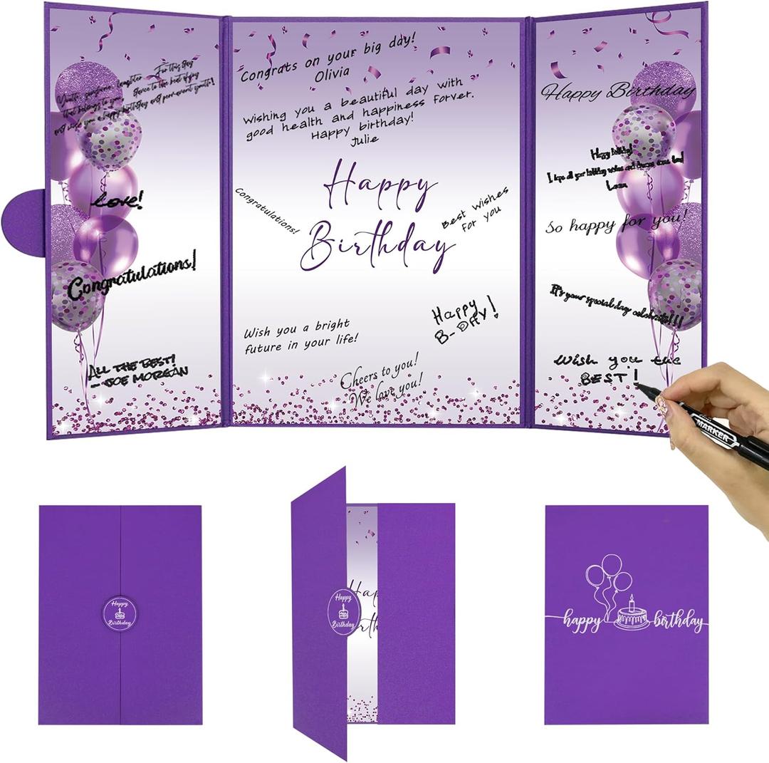 DARUNAXY Purple Birthday Party Decorations, Jumbo Happy Birthday Alternative Signature Guestbook for Women Girls Cheers to 30 40 50 60 70 80 90 Years Old Gifts Signing Card Board Party Supplies