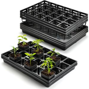 24 Cell Nursery Pots Trays (17"x11"x2") with Plastic Flat Seed Starter Trays, Durable Carrying Seedling Starter Tray, Reusable Planting Trays for Holding 2.7 inch Nursery Pots, 3 Sets Combo (Pot Trays + Flat Trays-3P, Black)