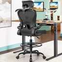 Drafting Chair, Tall Office Chair with 3D Lumbar & Head Support, Ergonomic Mesh Standing Desk Chair with Footring, Comfy Extended High Desk Chair with Flip-Up Arms & Hanger (Black) (2402-HYZ(Headrest+Footring))