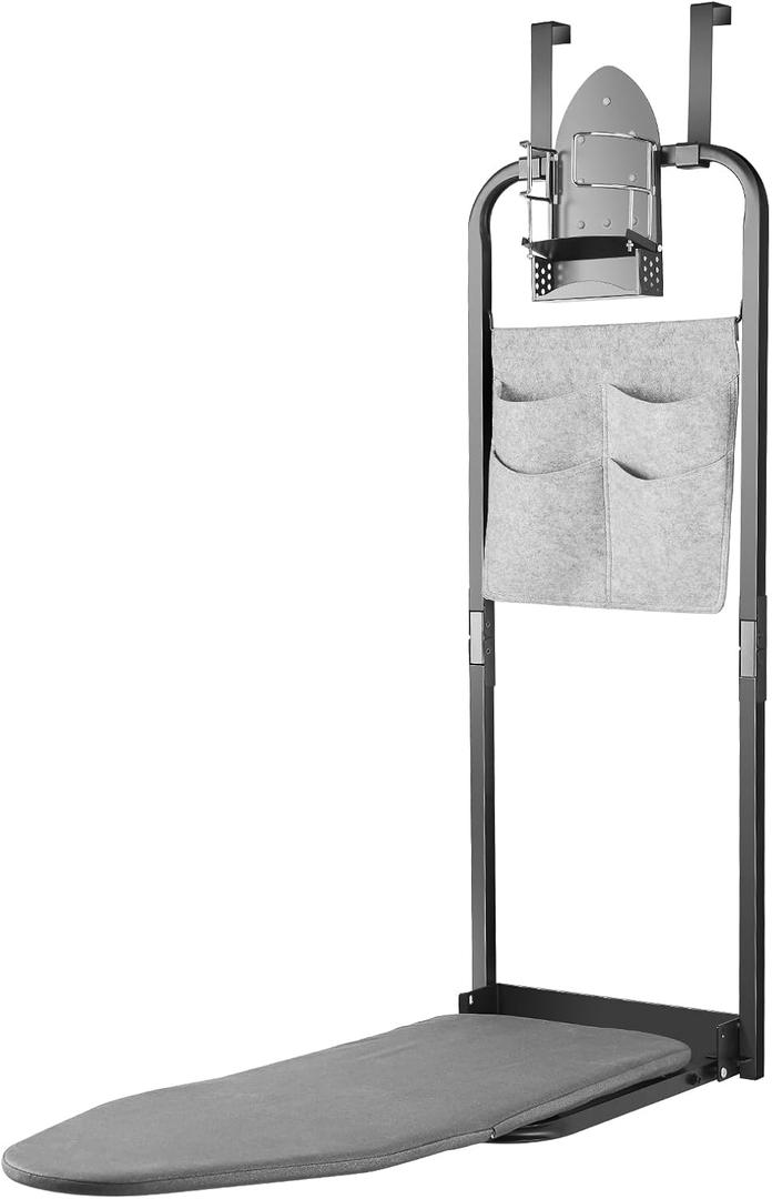 Over The Door Ironing Board 13x36 inches with Iron Holder and Pocket Storage Bag, Hanging Iron Board for Home Laundry Room, Black