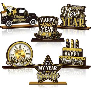 6 Pcs Happy New Year Table Decorations Wooden Table Centerpieces Rustic Wood Tabletop Sign Decorations for Home Kitchen Office Farmhouse Desk Shelves Party Tiered Tray Decor