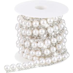 2 Yards Rhinestone Trim Pearls and Diamonds Crystal Chain Rhinestones Pearl Chain for Craft Rhinestone and Pearl Trim Applique Pearl Beaded Rhinestone Bridal Embellishments for Wedding (Classic Style)