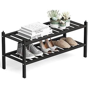 Dranixly Shoe Rack, 2-Tier Bamboo Stackable Shelf Storage Organizer, Stand for Closet, Entryway and Hallway Black