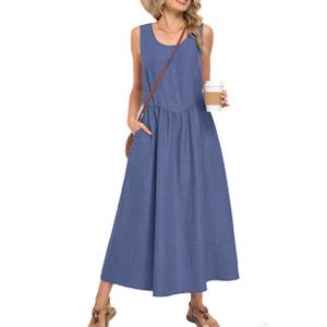MOLERANI Women’s Summer Maxi Dress Sleeveless A-Line Flowy Sundress Elastic Waist Lightweight Breathable Casual Beach Vacation Outfit Round Neck Resort Wear Wear Denim Blue 2XL (Blue, XXL)