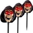 Halloween Animatronics Decorations Grim Reaper Pathway Markers, Scary Talking Skull Stakes with Sound Activated, Light Up Eyes, Mouth Move, Spooky Haunted Horror Prop for Lawn Yard, Outdoor, (3Pack)