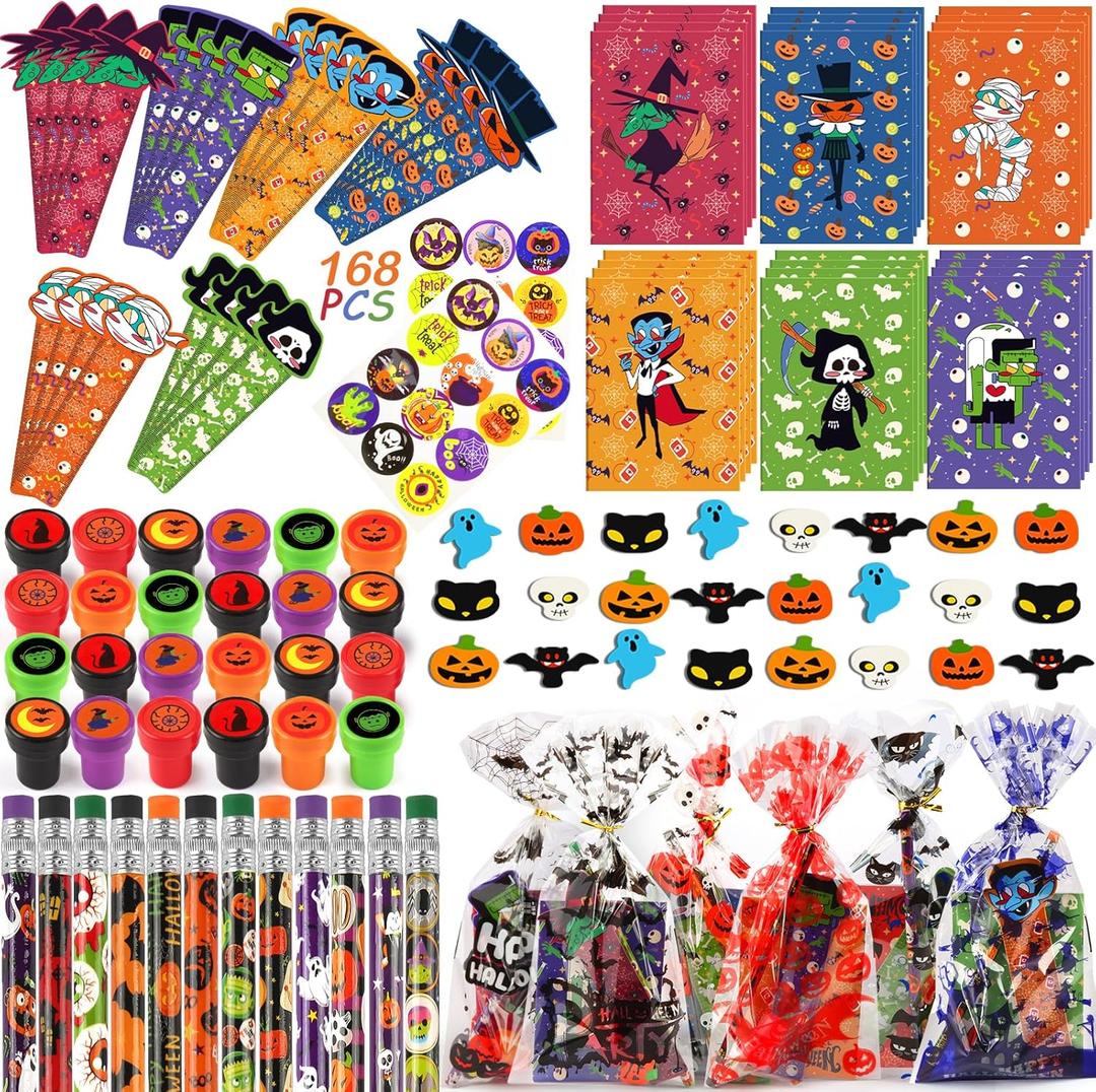 168PCS Halloween Party Favors Stationery Set for Kids, Halloween Class Exchange, Goody Bag Fillers, Stationery Kit Including Pencil, Eraser, Ruler, Notepad, Stamper, Sticker for Kids Trick or Treat