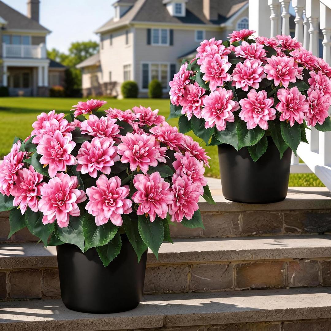 2 Set of Artificial Dahlia Topiary Ball Trees - Fake Silk Dahlia Flower Bushes, UV Resistant Faux Floral Shrub Potted for Front Door Porch Farmhouse Wedding Outdoor Decor (Pink)