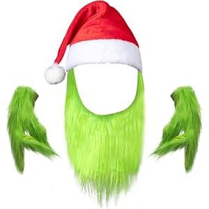 Green Furry Beard, Santa Hat, Funny Hand Gloves for - Adult Halloween Christmas Cosplay Costume Mask Accessories Decorations props