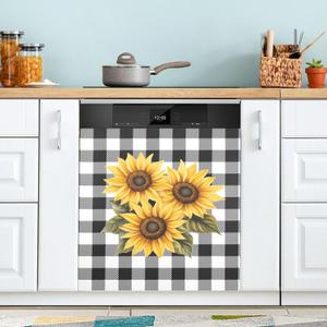 Sunflower Black White Buffalo Plaid Dishwasher Magnet Cover Yellow Floral Lumberjack Check Magnetic Sticker Dish Washer Door Panel Cover Fridge Appliance Magnet Decal Sheet Kitchen Decor 23x26 inch
