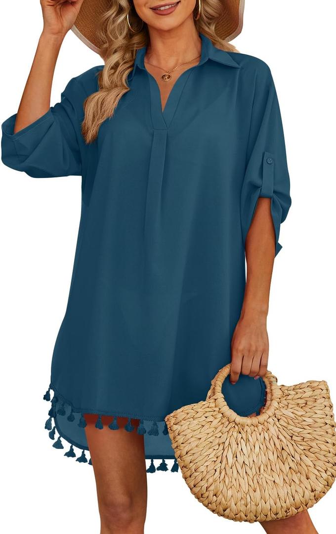Yincro Women Swimsuit Cover Up Shirt 2026 Tassel Beach Bathing Suit for Swimwear Bikini Dress M