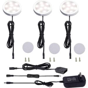 AIBOO 12V LED Under Cabinet Lighting Kit 3 Packs Slim Aluminum Puck Lights with 2-Way Switch All Accessories Included for Counter Closet Lighting 6W (Natural White)