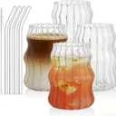 Tebery 4 Pack Cute Drinking Glasses, 16 Oz Ribbed Iced Coffee Cup Tumbler with Straws, Aesthetic Vintage Water Glassware Mug for Cocktail Smoothie Juice Beverage Milk Tea