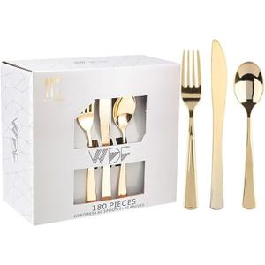 WDF 180 Pieces Disposable Plastic Gold Silverware Cutlery - Disposable Flatware Set 60 Forks, 60 Knives and 60 Spoons - Heavy Duty Gold Plastic Cutlery - Utensils for Baby Shower Wedding Spring