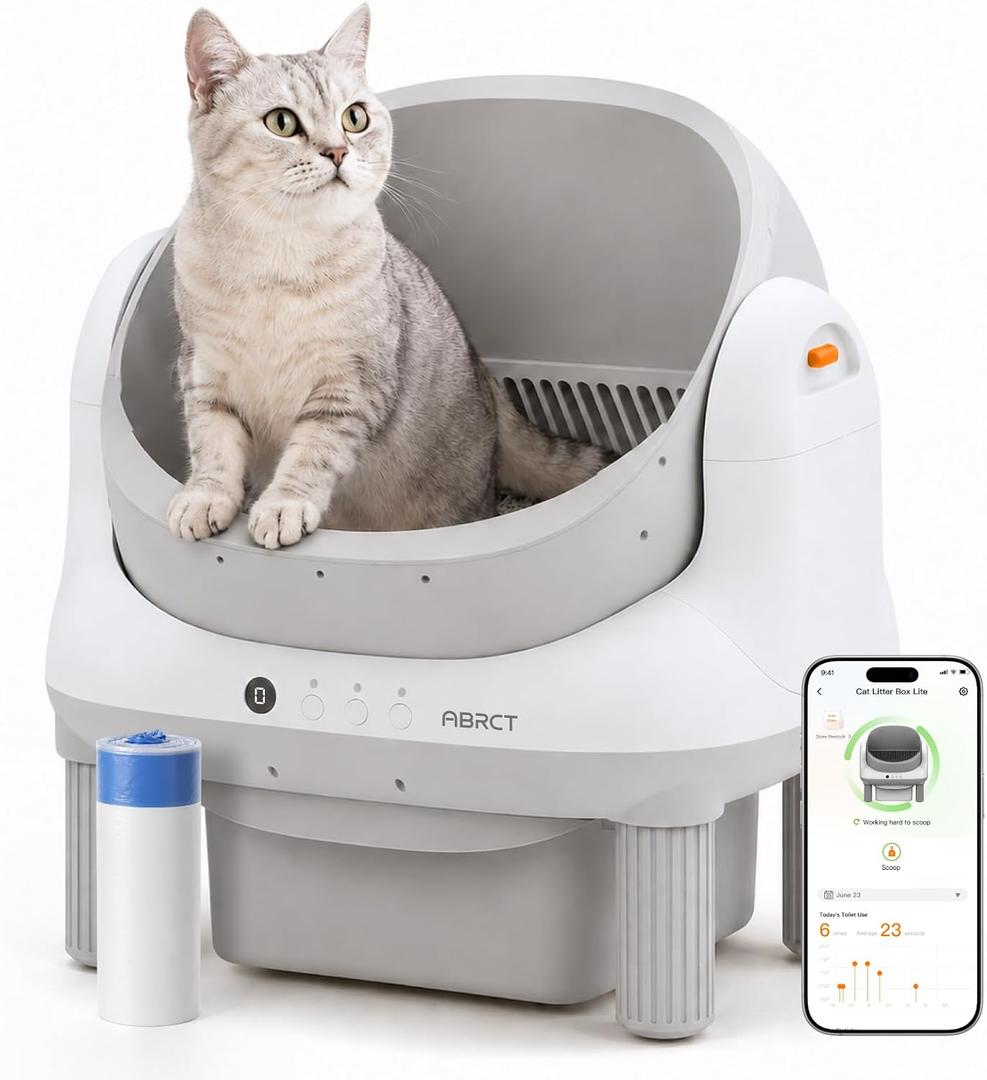 ABRCT Open Top L1 Self Cleaning Litter Box,Electronic Hands-Free,Smart Robot,Automatic Cleaning Litter Box-App Control & Safe Anti-Pinch,with Safety Sensors & Liner for Small & Medium-sized Cats, White, 19.7"L x 16.7"W x 21.3"H