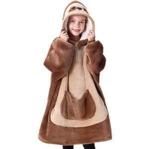 Giggling Getup Wearable Blanket Hoodie for Girls and Boys Sherpa Fleece Hooded Blanket Sweatshirt Warm Cozy Sherpa Wearable Throw Oversized Hoodie with Giant Pocket & Sleeves for Kids Brown Sloth