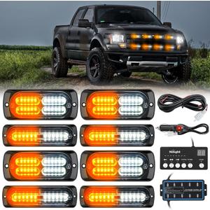 Nilight 8PCS LED Strobe lights 12V Sync Feature Amber White 12 24LED Emergency Hazard Warning Lights with Controller for Cars Trucks RVs Campers