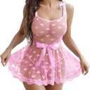 Avidlove Bow Lingerie for Women Heart Mesh Babydoll Lingerie Dress Sexy Sleepwear Lace Chemise with Belt (Large, Light Pink)