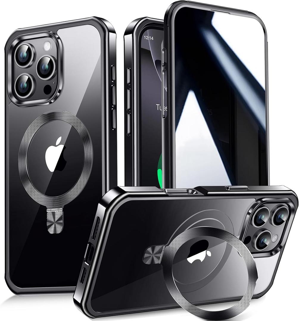 [CD Metal Ring Stand + Built-in Privacy Screen Protector] Magnetic Case for iPhone 16 Pro Max 6.9" [Soft Bumper Full Signal] [Compatible with MagSafe] 9H Glass Full Body Shockproof Clear Case, Black