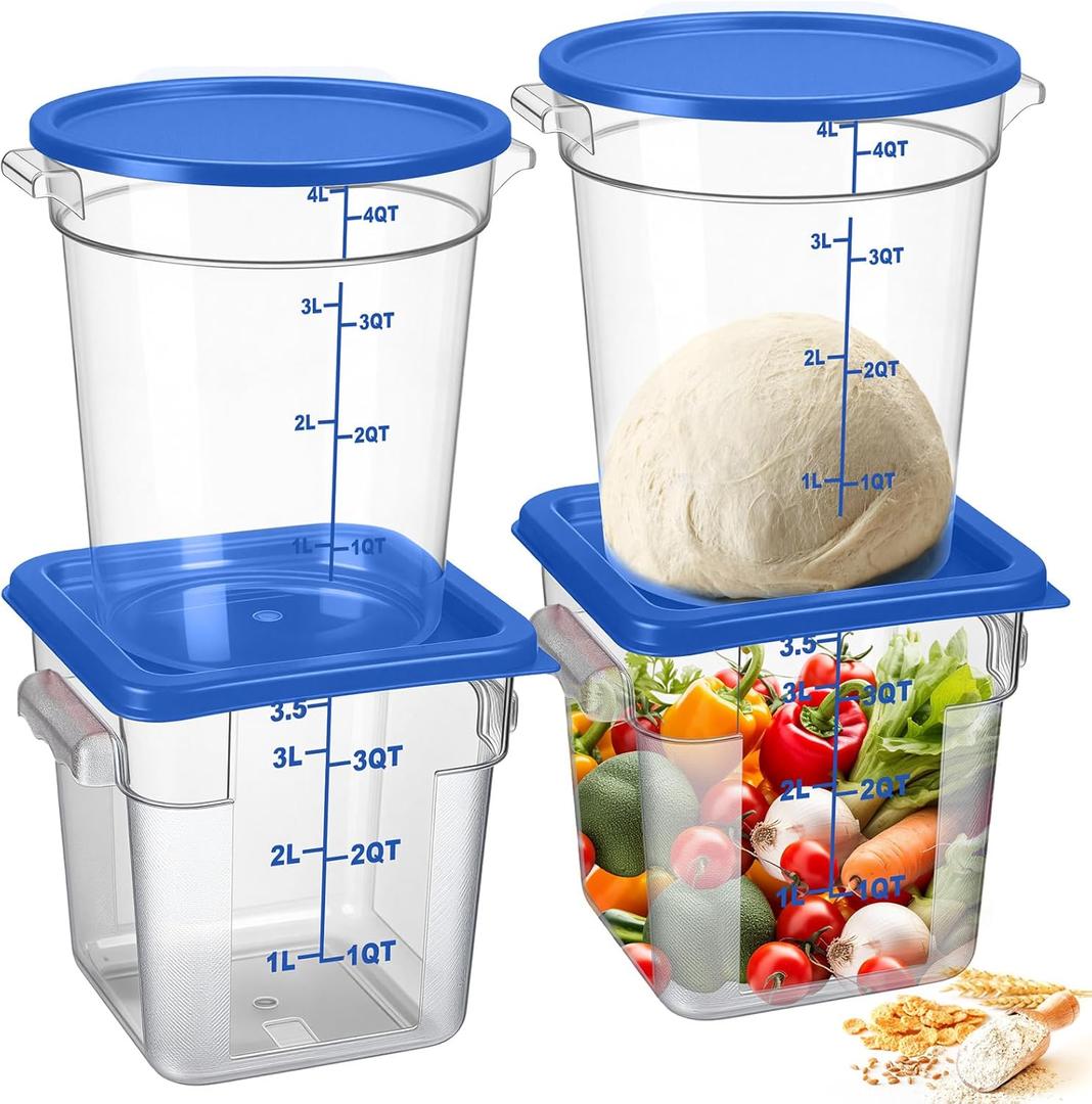 4 Pcs Food Storage Container with Lids Set 4 Qt Square and Round Clear PC Commercial Containers with Scale Handle for Home Restaurant Kitchen Food Storage, Dough Rise, Flour (Blue) 4 Pcs Food Storage Container with Lids Set 4 Qt Square and Round Clear PC Commercial Containers with Scale Handle for Home Restaurant Kitchen Food Storage, Dough Rise, Flour (Blue)
