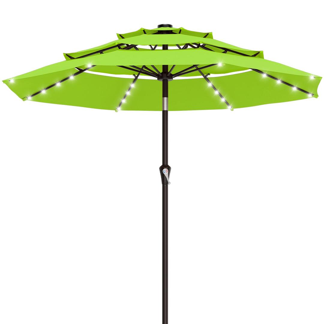 AreShark 9ft 3 Tiers Patio Umbrella with Solar Lights, Outdoor Umbrella w/ 32 LED Lights&8 Sturdy Ribs, Table Umbrella for Deck, Backyard, Pool (Apple Green)