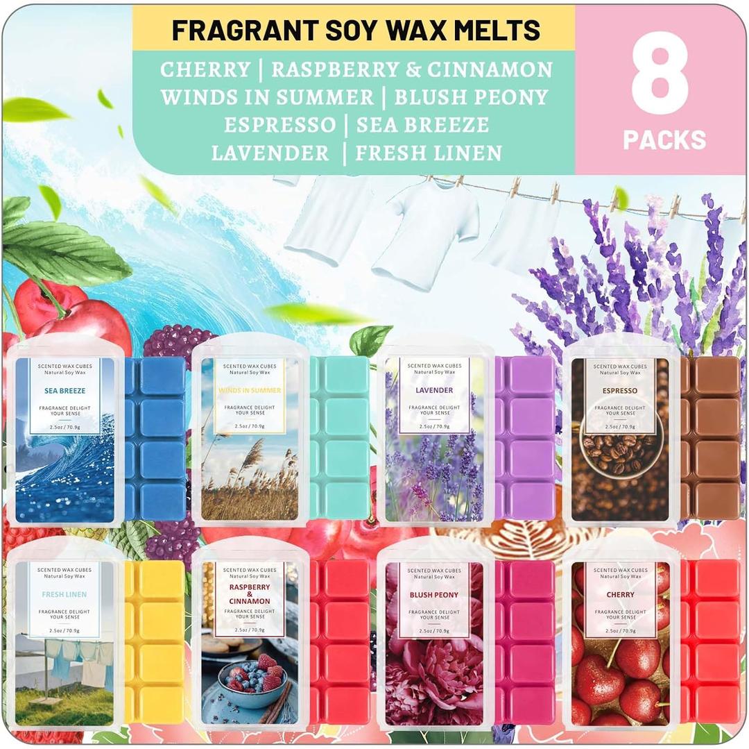 STRN Wax Melts, Lavender & Linen, Scented Soy Wax Cubes for Wax Warmers, Spring & Summer Scented Long-Lasting Home Fragrance Wax for Bedroom, Living Room, Office- 8 Packs