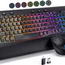 Wireless Keyboard and Mouse Combo, Ergonomic Wave, 9 RGB Backlit Effects, Leather Wrist Rest, Rechargeable 2.4G Silent Set for Computer/Windows/Mac, Black