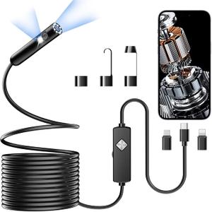 Endoscope Camera with Light, 1920P HD Borescope with 8 Adjustable LED Lights, 16.4ft Semi-Rigid Snake Camera, IP67 Waterproof 7.9mm Inspection Tools for iOS and Android