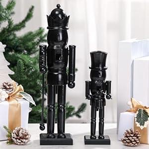 Quzzil 2 Pcs Christmas Nutcracker Ornaments Neutral Nutcracker Figures 10'' 15''Christmas Decor Ornament Soldier Festive Collectible Gift for Table Fireplace Shelf Desktop(Black, Wooden)