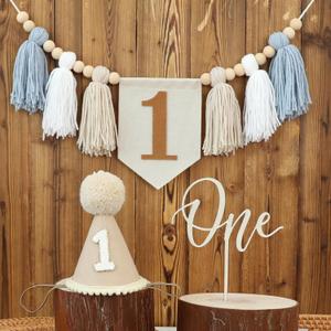 1st Birthday Highchair Banner Decorations For First Boys Khaki Cone Hat With One Cake Topper Photo Backdrop (Khaki Banner)