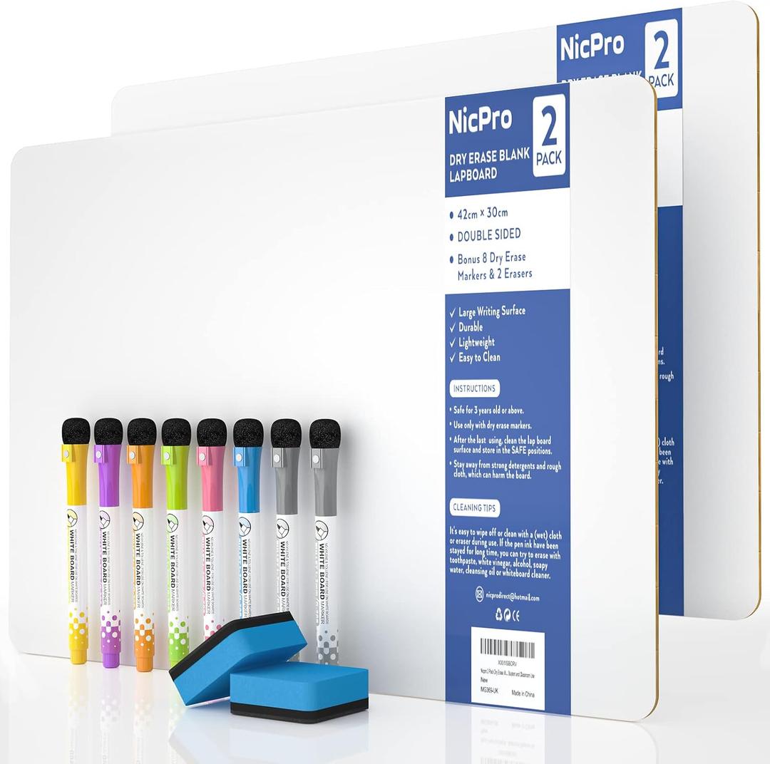 Nicpro Dry Erase Lap Board 12 x 16 inches 2 Pack Kid Double Sided Blank Small Lapboard with 8 Pens, 2 Eraser, Learning Mini Whiteboard Portable Drawing Board for Student and Classroom Use