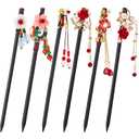 WILLBOND 6 Pcs Chinese Hair Sticks Japanese Vintage Wooden Chopsticks Accessories for Women Asian Floral Stick Classic Retro Tassel Flower Pins Handmade for Long Hanfu Hair(Red Blossom Tassel)