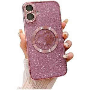 Weonmov Compatible for iPhone 16 Case Glitter Clear Paw Love Heart Compatible with MagSafe, Camera Lens Protection Soft Slim Thin Magnetic Bling Phone Case - Pink
