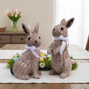 Rattan Effect Resin Easter Bunny Figurines Decor 2 PCS Wicker Looking Rabbit Decorations with Bow for Spring Table Centerpieces Indoor Farmhouse Home Decor(Small Rattan)