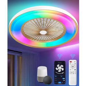 2-in-1 Low Profile Ceiling Fan with Light, 24 Caged Safety Design for Kids - RGB Color, Smart APP/Remote Control, Quiet Flush Mount DC Motor, Ideal for Bedroom/Living Room/Kitchen, Gold