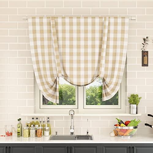 NATUS WEAVER Tie Up Curtain for Windows 54 inches Long Buffalo Check Adjustable Tie Up Shades Plaid Gingham Rod Pocket for Kitchen Windows 1 Panel, Beige/White