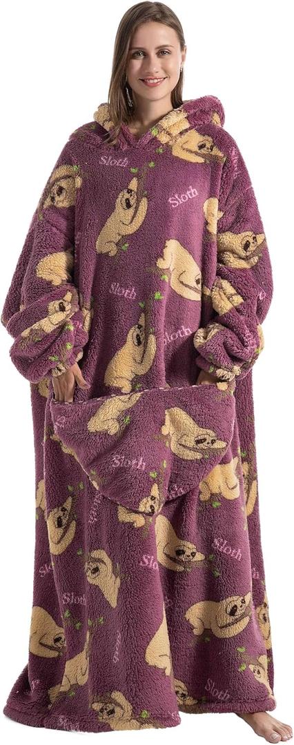 Blanket Hoodie Long,Extra Long Wearable Blanket Oversized Hoodie Blanket Hoodies for Women Snuggle Blankets for Women (Sloth)