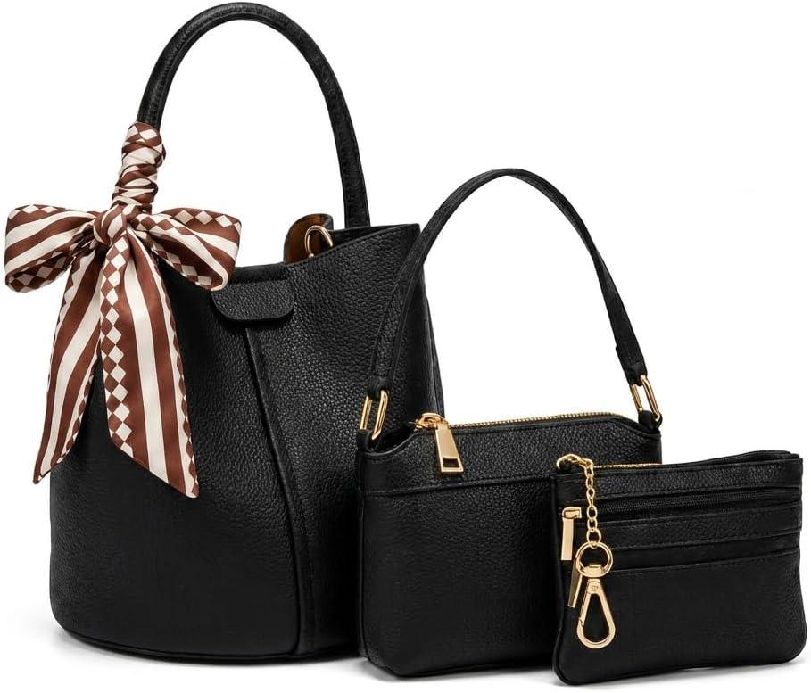 3-Piece Bucket Bag Set for Women, Vegan Leather Crossbody Handbag with Makeup Pouch & Coin Purse, Small Purses for Work