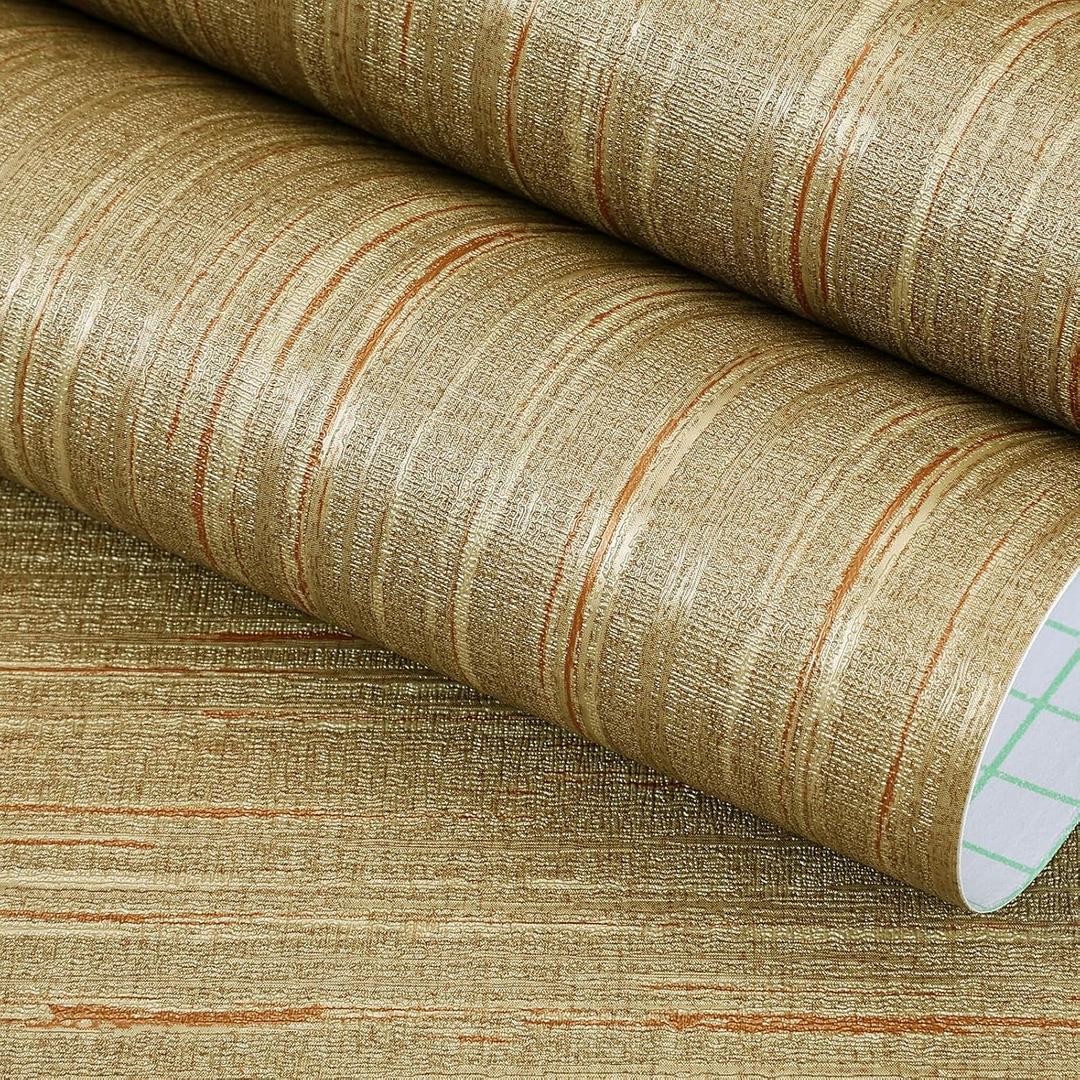 FunStick Brown Gold Grasscloth Peel and Stick Wallpaper Textured Grass Cloth Wall Paper Peel and Stick for Bathroom Bedroom Kitchen Vintage Gold Contact Paper for Cabinets Walls Waterproof 12"x200"