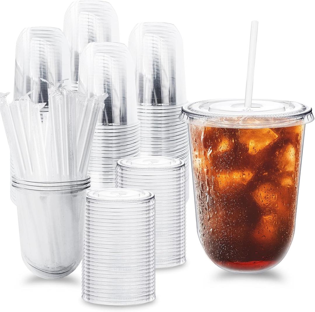 100 Pack Clear Plastic Cups with Lids and Straws,16 oz Disposable Iced Coffee Cups,PET Crystal Cups,Round Bottom To Go Cup for Iced Coffee Juice Smoothie Cold Beverage