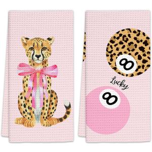 Pink Leopard Decor Hand Towels Set of 2 - Trendy Pink Preppy Leopard 8 Ball Kitchen Towels, Coquette Bow Cheetah Decor Hand Towel for Bathroom Kitchen, Preppy Coquette Bathroom Decor(16x24Inch)