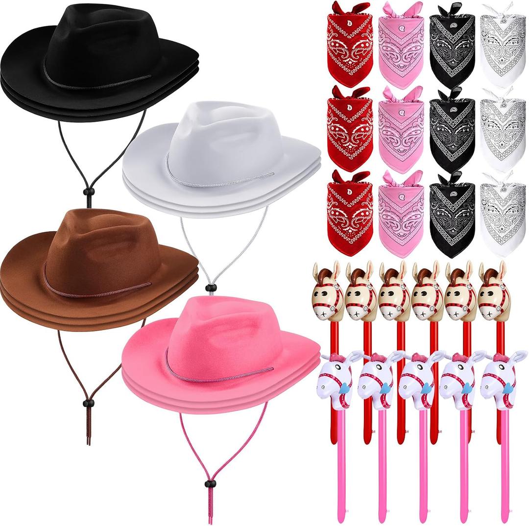 Xtinmee 36 Pcs Cowboy Party Costume Set, Cowboy Hats Paisley Bandanas Inflatable Stick Horses Kids Party Supplies