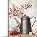 CCKOPPI Farmhouse Canvas Wall Art - Coffee Pot and Daisies with Red Berries Painting Poster Countryside Farmhouse Floral Picture Print for Dining Room Kitchen Decor(Artwork-03, 12"x18")