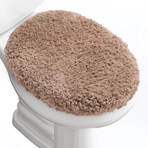 Luxury Soft Microfiber Toilet Lid Cover Machine Washable Solid Toilet Seat Cover 17.5" x 15" Adjustable Rubber Backing Fits Most 16-17.5" L x 14-16" W Round Oblong and Elongated Toilet Seat (17"Lids, Champagne)