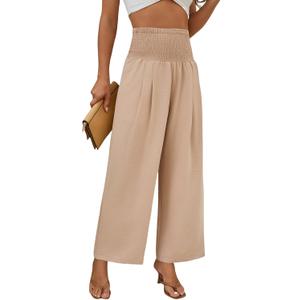 Womens Elastic High Waisted Wide Leg Pants Casual Loose Flowy Palazzo Pant Long Lounge Capri Trousers with Pocket (Beige, M)