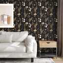 Fvlow Vintage Black Floral Self Adhesive Shelf Liner Wallpaper 17.4" x 78", Retro Brown Gold Leaf Design Wall Paper Contact Paper Waterproof Wall Covering for Countertop Desk Cabinets Drawer Liner