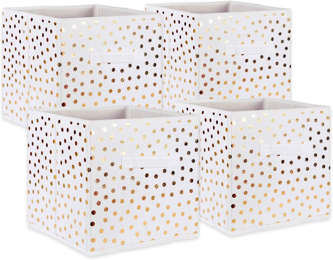 DII Non Woven Polyester Storage Bin, Polka Dot, White & Gold, Small Set of 4