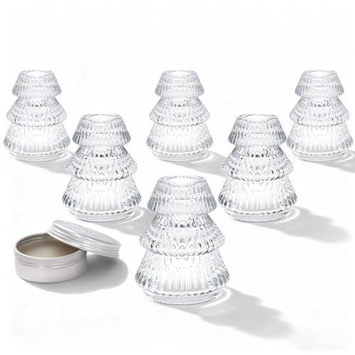 Romcanmy Candlestick Holders Set of 6, Ribbed Clear Taper Candle Holders with Candles Adhesive Wax, Reversible Crystal Glass Candle Holder for Wedding Dining Party Christmas Decor