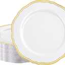 Hioasis 60pcs Gold Plastic Plates - White and Gold Disposable Dinnerware with Gold Rim, Heavy-duty, 10.25 inch, Dinner Plates for Party & Wedding