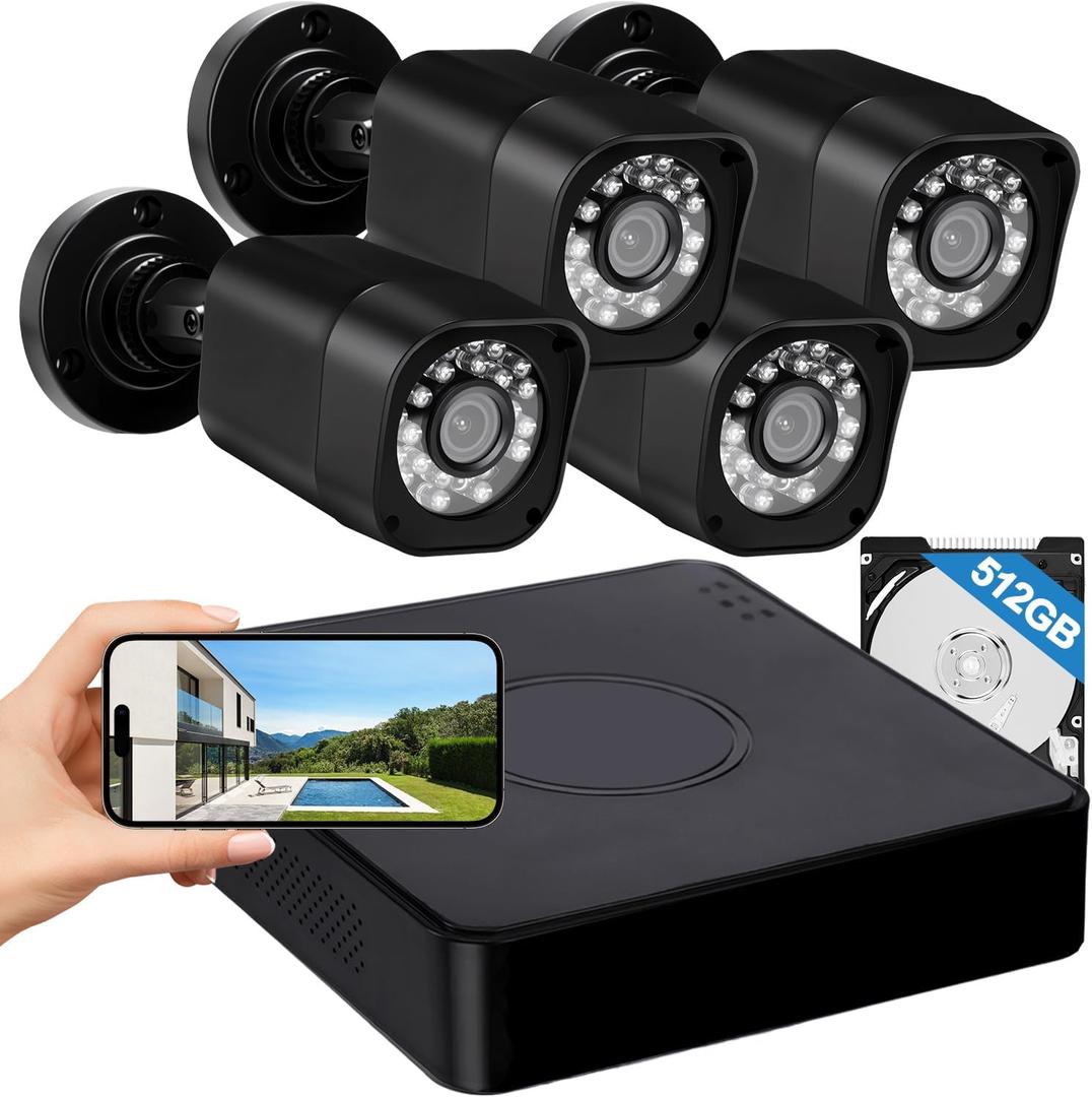 4CH 1080P Wired Security Camera System, AIWIXEN CCTV DVR with 512GB Hard Drive, 4 x Home Surveillance IP68 Waterproof Security Cameras with Human Vehicle Detection, Remote Access, 24-7 Recording