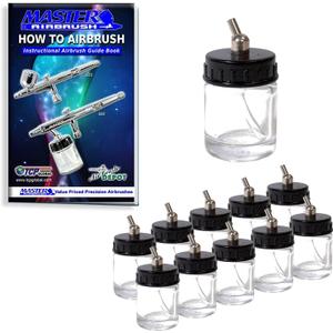 Master Airbrush (Pack of 10) TB-002 Empty 3/4 Ounce (22cc) Glass Jar Bottles with 30 Down Angle Adaptor Lid Assembly - Fits Dual-Action Siphon Feed Airbrushes, Use with Master, Badger, Paasche, Iwata